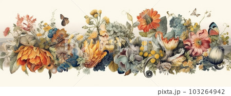 An intricate botanical banner illustration, featuring various types of flowers and foliage woven together to form an elaborate and visually stunning pattern. Generative AI 103264942