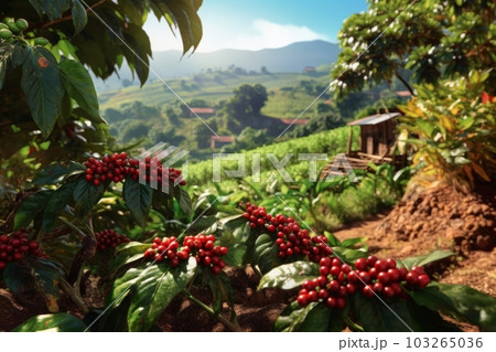 Rustic coffee plantation scene, showcasing rows of lush, green coffee plants, with ripe, red coffee cherries ready for harvest. Generative Ai Rustic coffee plantation scene, showcasing rows of lush, green coffee plants, with ripe, red coffee cherries ready for harvest. Generative Ai 103265036