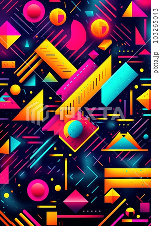 A vibrant and colorful poster background featuring geometric shapes, neon lights, and bold typography reminiscent of 90s rave flyers. Generative AI 103265043