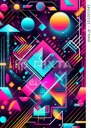 A vibrant and colorful poster background featuring geometric shapes, neon lights, and bold typography reminiscent of 90s rave flyers. Generative AI 103265045