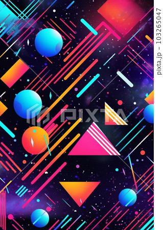 A vibrant and colorful poster background featuring geometric shapes, neon lights, and bold typography reminiscent of 90s rave flyers. Generative AI 103265047
