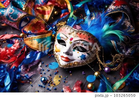Featuring Venetian Carnival Mask alongside other carnival-themed props, such as confetti, streamers, and party hats. Concept for festive event promotions. Generative AI 103265050