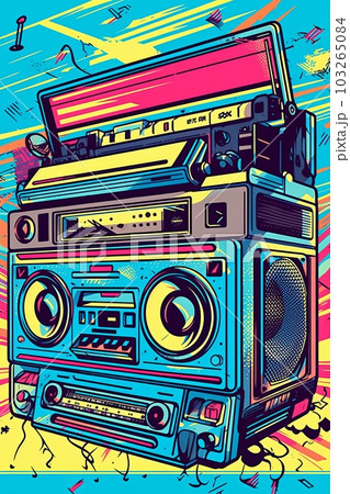 A retro-inspired poster , illustration of a boombox or cassette player with vibrant patterns and colors, symbolizing the music and fashion of the era. Generative AI A retro-inspired poster , illustration of a boombox or cassette player with vibrant patterns and colors, symbolizing the music and fashion of the era. Generative AI 103265084