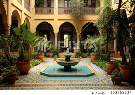 An image of a beautifully decorated Moroccan Riad courtyard, featuring colorful tiles, lush plants, and a central fountain, conveying the tranquil and exotic atmosphere of the space. Generative AI An image of a beautifully decorated Moroccan Riad courtyard, featuring colorful tiles, lush plants, and a central fountain, conveying the tranquil and exotic atmosphere of the space. Generative AI 103265137