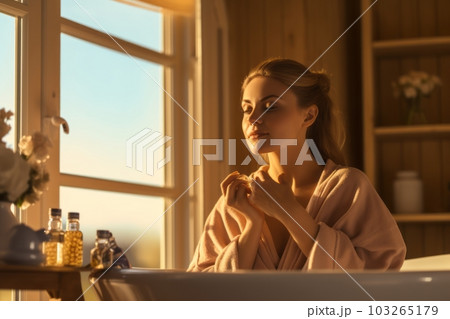 An elegant woman in a cozy bathroom setting, using a waxing kit , portraying the convenience and comfort of at-home waxing. Generative Ai An elegant woman in a cozy bathroom setting, using a waxing kit , portraying the convenience and comfort of at-home waxing. Generative Ai 103265179