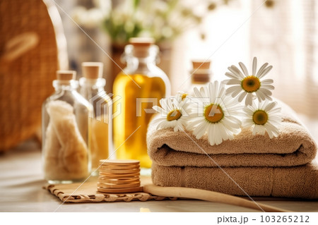 An image of a spa setting with chamomile-infused water, towels, and bath products, capturing the soothing and rejuvenating properties associated with chamomile. Generative Ai 103265212