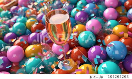 Some colorful balloons and champagne glasses. Concept Christmas and New Year holidays background. Generative AI 103265268