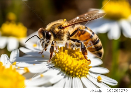 A macro shot of a bee collecting nectar from a chamomile flower, showcasing the symbiotic relationship between the flower and pollinators in nature. Generative AI 103265270