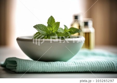 An image of a spa setting with a bowl of water infused with mint leaves, accompanied by a towel and a sprig of mint, symbolizing relaxation, rejuvenation. Generative Ai 103265297