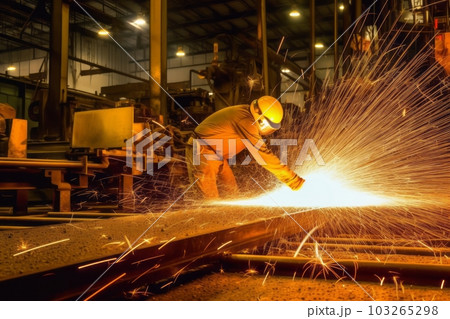 Image of sparks flying during the steel fabrication process, capturing the energy and craftsmanship involved in steel production. Generative AI 103265298