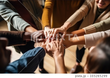 Multiethnic and multiracial diverse group of people holding hands and forming a circle. Generative Ai 103265299