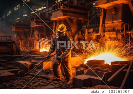 Image of a worker wearing protective gear operating heavy machinery inside the steel mill, showcasing the industrial environment. Generative AI 103265307