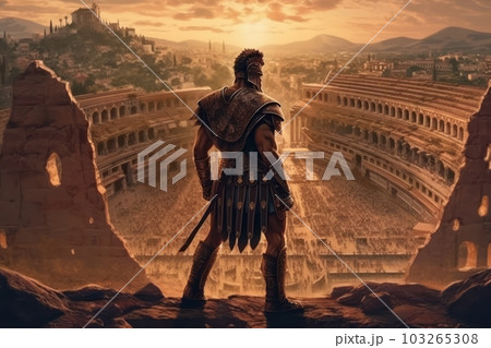 Armoured Roman SPQR Gladiator overlooking the amphitheater of ancient Rome. Generative AI 103265308