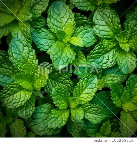 Fresh mint leaves arranged in a neat pattern, showcasing their vibrant green color and natural texture. Generative AI Fresh mint leaves arranged in a neat pattern, showcasing their vibrant green color and natural texture. Generative AI 103265319