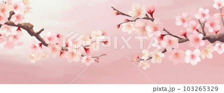 A banner design featuring a cascade of delicate cherry blossoms, gently falling against a soft pastel background, evoking a sense of serenity and tranquility. Generative AI 103265329