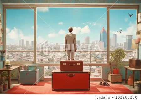 An surreal image of a hitman in a luxurious penthouse, overlooking a city skyline, with a briefcase containing a large sum of money or a target's sensitive documents. Generative AI 103265350