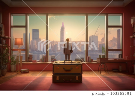 An surreal image of a hitman in a luxurious penthouse, overlooking a city skyline, with a briefcase containing a large sum of money or a target's sensitive documents. Generative AI 103265391