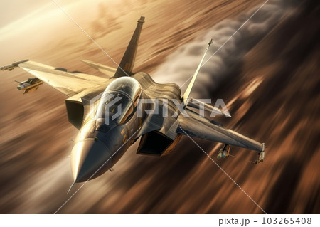 Fighter jet soaring through the sky at high speed, with the afterburners ignited, showcasing its raw power and agility. Generative AI 103265408