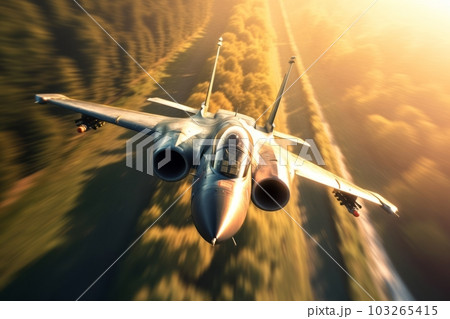 Fighter jet soaring through the sky at high speed, with the afterburners ignited, showcasing its raw power and agility. Generative AI 103265415
