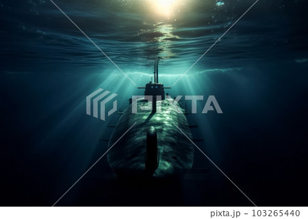 An underwater image of a sleek and powerful military submarine gliding through the depths of the ocean, surrounded by a beautiful play of light and shadows. Generative AI 103265440