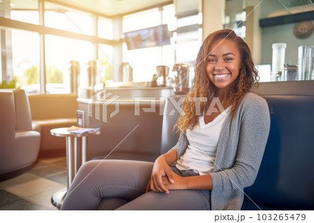 A smiling customer sitting comfortably in the waiting area of a car wash, enjoying complimentary amenities like coffee and Wi-Fi, highlighting the customer-centric experience. Generative Ai 103265479