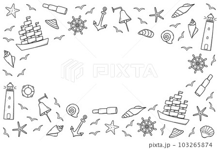 Sea set of elements, doodle icons of sea life. Ship telescope shells, lifebuoy anchor steering wheel bull, lighthouse and seagulls. Vector illustration, symbols of sailors or pirates. Sea set of elements, doodle icons of sea life. Ship telescope shells, lifebuoy anchor steering wheel bull, lighthouse and seagulls. Vector illustration, symbols of sailors or pirates. 103265874