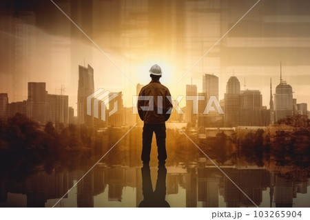 The double exposure image of the engineer standing back during sunrise overlay with cityscape image. The concept construction and future. Generative AI 103265904