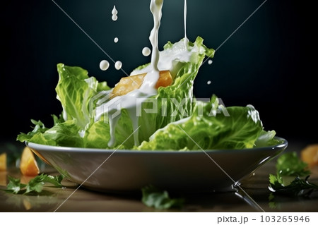A dynamic image capturing the process of tossing an iceberg salad in a bowl. The motion of the salad ingredients creates a sense of energy and freshness. Generative AI A dynamic image capturing the process of tossing an iceberg salad in a bowl. The motion of the salad ingredients creates a sense of energy and freshness. Generative AI 103265946
