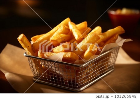 Serving basket filled with golden and perfectly crispy French fries. The lighting is warm and inviting, highlighting the texture and mouthwatering appearance of the fries. Generative AI Serving basket filled with golden and perfectly crispy French fries. The lighting is warm and inviting, highlighting the texture and mouthwatering appearance of the fries. Generative AI 103265948