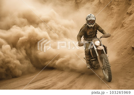 Off-Road Motorbike in dust cloud with sand cloud on background. Biker rider in action. Generative AI 103265969