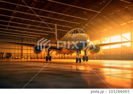 Low angle view of a jet parked in a hangar at sunset. Generative Ai Low angle view of a jet parked in a hangar at sunset. Generative Ai 103266005