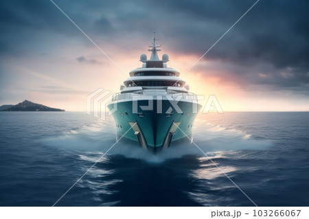 Front view of a dynamic image of super Yacht that run in the middle of the ocean. Generative AI Front view of a dynamic image of super Yacht that run in the middle of the ocean. Generative AI 103266067