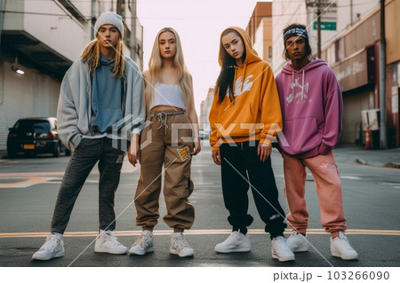 A street-style fashion shoot featuring models wearing trendy urban outfits, including baggy jeans, sneakers, and oversized hoodies, reflecting the fashion influence of hip-hop culture. Generative AI 103266090