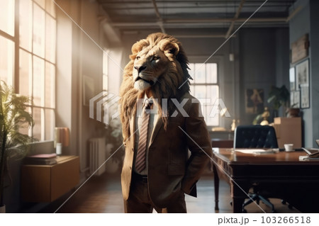 This stunning photo of a lion in a suit and tie is a perfect example of contemporary art, making it a stunning addition to any modern gallery or exhibition. AI Generative. This stunning photo of a lion in a suit and tie is a perfect example of contemporary art, making it a stunning addition to any modern gallery or exhibition. AI Generative. 103266518