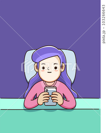 A woman is using phone in her bed. Isolated Vector Illustration 103266643
