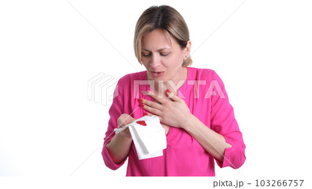Sick woman coughing up blood and surprised on white background 103266757