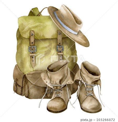 Vintage Backpack with Hat and leathery old retro Boots. Hand drawn watercolor illustration of travel equipment on white isolated background for adventure and tourism. Drawing of bag for hiking. 103266872