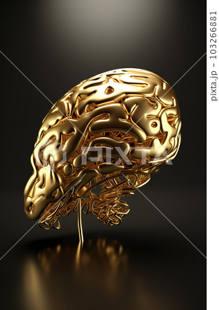 Image of a 3d golden brain on a dark background. Illustration, Generative AI. 103266881