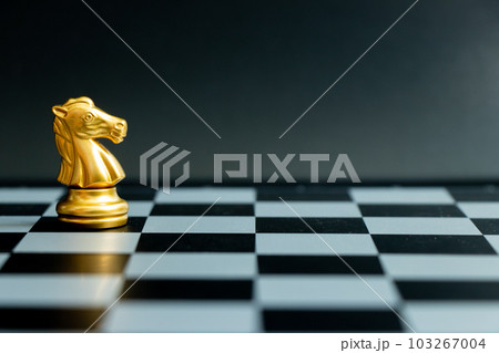 Gold knight chess piece stand on black background (Concept for leadership, unique) 103267004