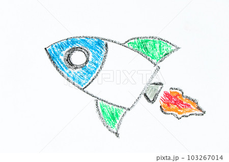 Color oil pastel hand drawing in spaceship or rocket shape on white paper background 103267014