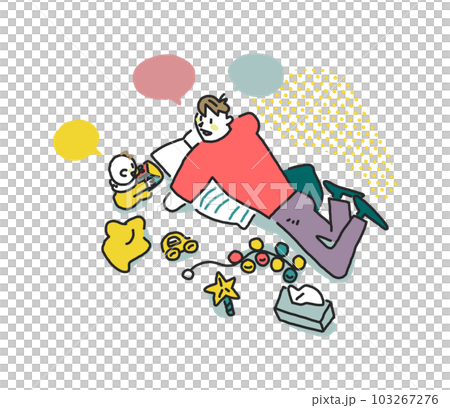 A father lying down and having a happy conversation with his baby Illustration material A father lying down and having a happy conversation with his baby Illustration material 103267276