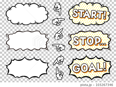 Start, stop, goal text thick line comic style balloon finger icon set 103267346