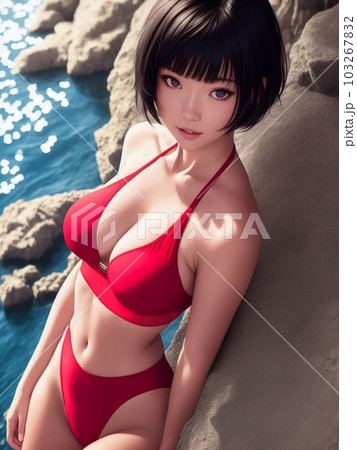 海で赤い水着を着た美少女のイラスト素材 [103267832] - PIXTA
