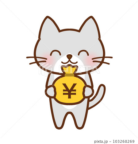 お金の袋を抱えてニッコリ笑うハチワレグレーの猫 103268269