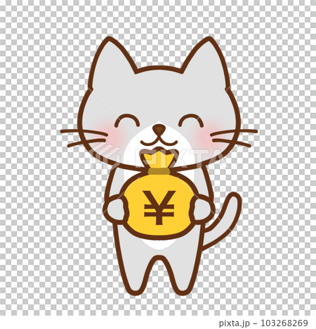 お金の袋を抱えてニッコリ笑うハチワレグレーの猫 103268269