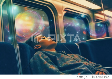 Person sleeping on a subway train, with a thought bubble above their head showing a vivid dream. The message is about the strange and surreal things that can happen in the city. Generative AI Person sleeping on a subway train, with a thought bubble above their head showing a vivid dream. The message is about the strange and surreal things that can happen in the city. Generative AI 103268492