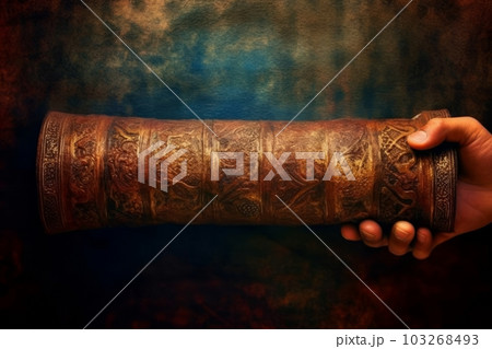 A close-up shot of a pair of hands holding a Torah scroll with a rich, textured background, evoking a sense of reverence and tradition.Generative AI 103268493
