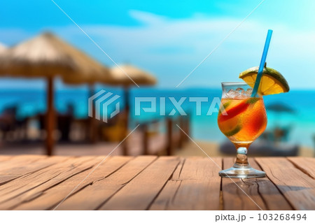 Tropical drink with a colorful umbrella and a straw, placed on a wooden table with a stunning beach view in the background. Great for promoting tropical cocktails or beach bars Generative AI Tropical drink with a colorful umbrella and a straw, placed on a wooden table with a stunning beach view in the background. Great for promoting tropical cocktails or beach bars Generative AI 103268494