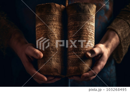 A close-up shot of a pair of hands holding a Torah scroll with a rich, textured background, evoking a sense of reverence and tradition.Generative AI A close-up shot of a pair of hands holding a Torah scroll with a rich, textured background, evoking a sense of reverence and tradition.Generative AI 103268495