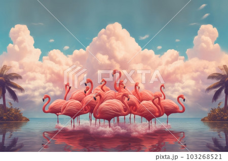 A surreal image of a group of flamingos enjoying a summer day at the beach, surrounded by pink flamingo-shaped clouds and palm trees. Generative AI 103268521